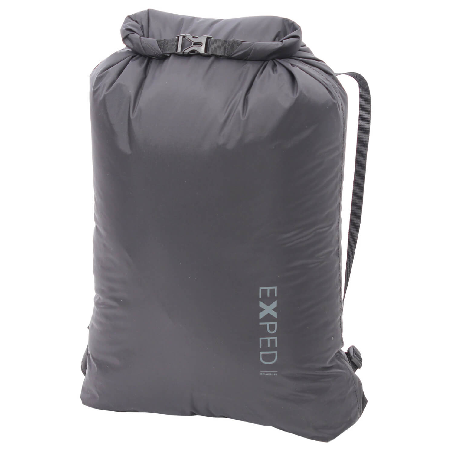 exped splash 15 drybag, front view shown folded over in black colour