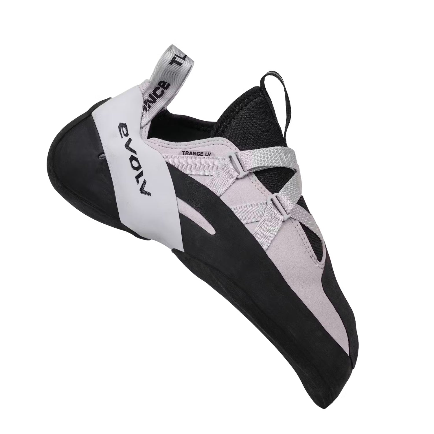 evolv shaman trance lv climbing shoe in light pink with black trim on a white background