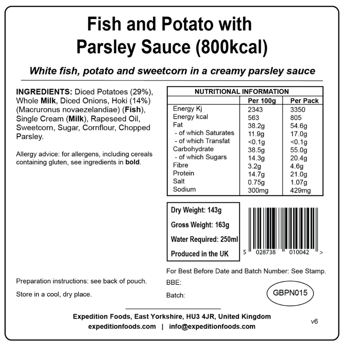 Expedition Foods Fish & Potato with Parsley Sauce (800kcal)