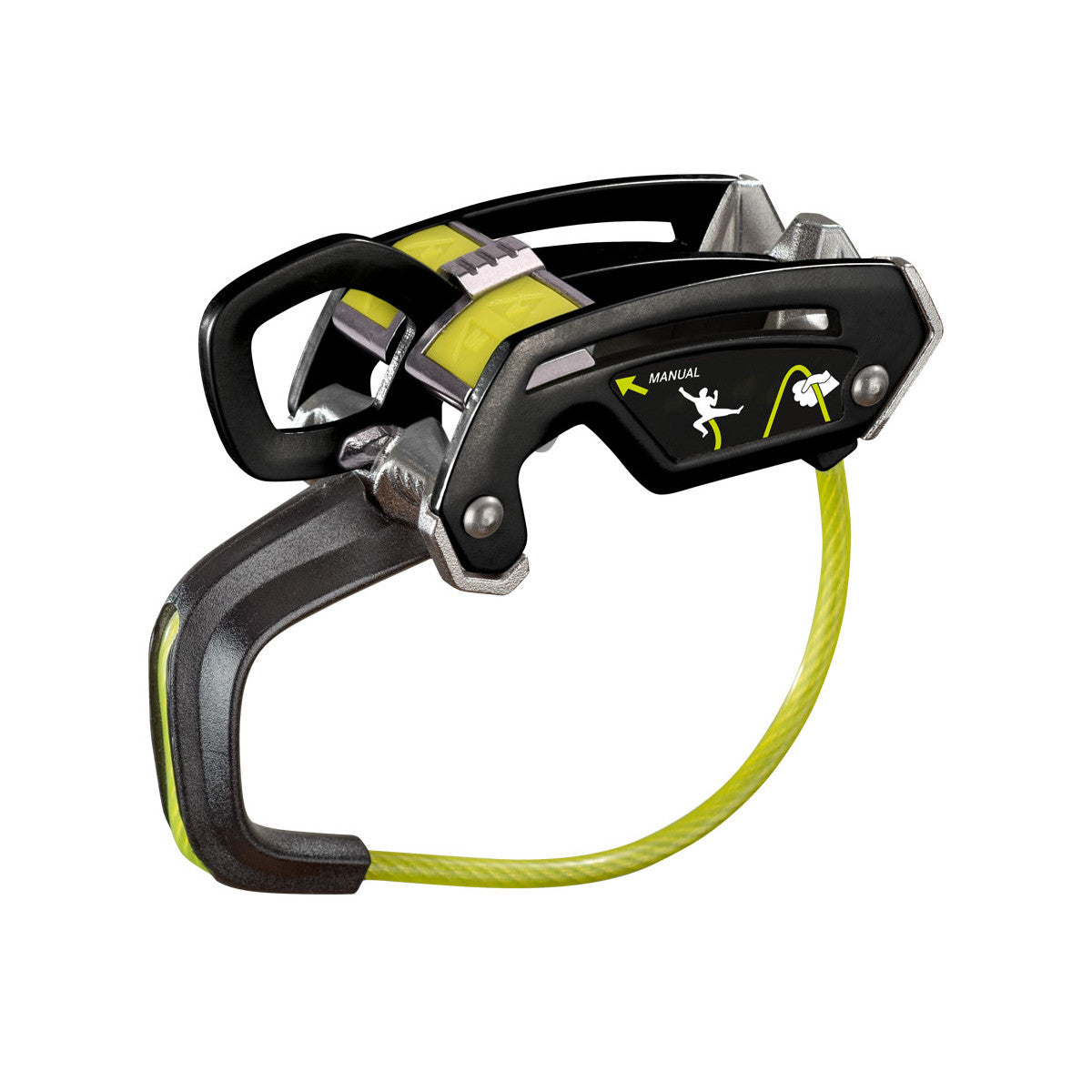 Edelrid Giga Jul belay device, shown side on in Black colour