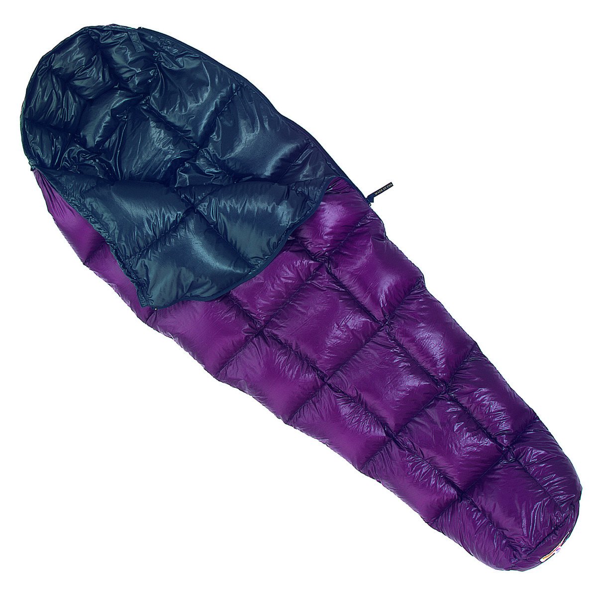 Western Mountaineering Highlite down sleeping bag partially open, in purple with black lining