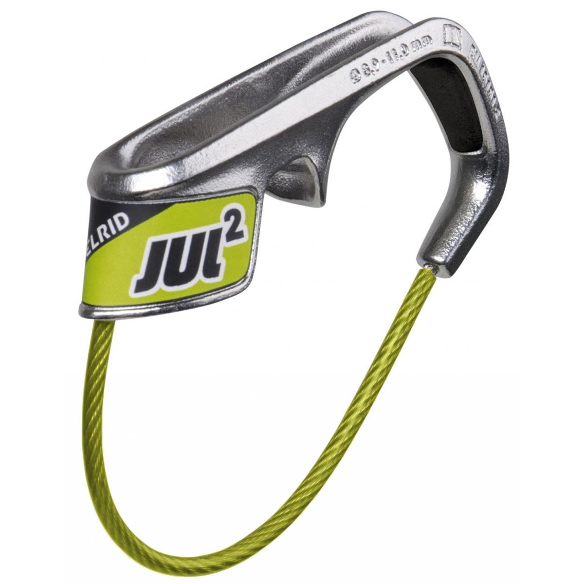 Edelrid Jul 2 climbing belay device, in green and silver colours