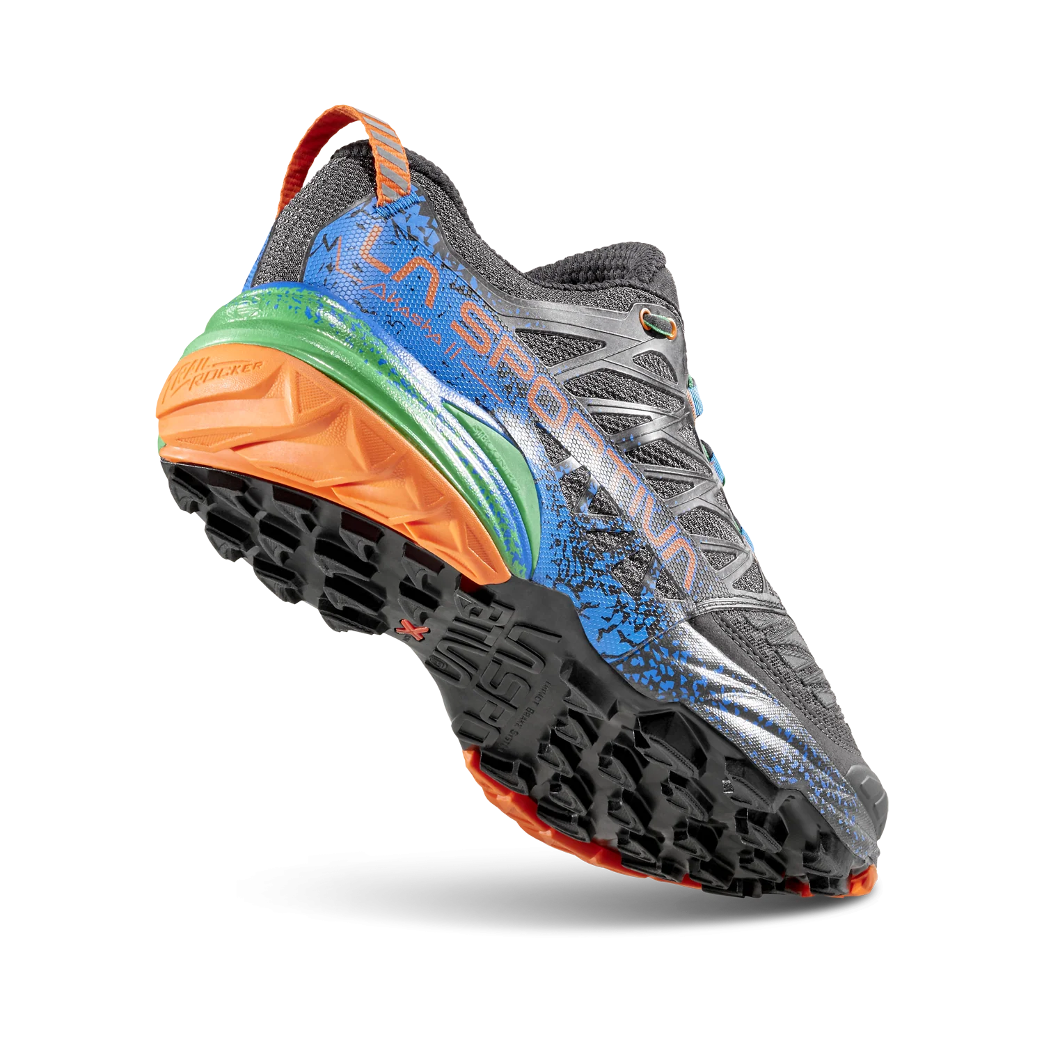 A single trail running shoe from the brand La Sportiva, shown in a dynamic three-quarter view against a clean white background. The shoe features a dark gray mesh upper with blue and orange speckled accents, a blue and green midsole, and an orange outsole.