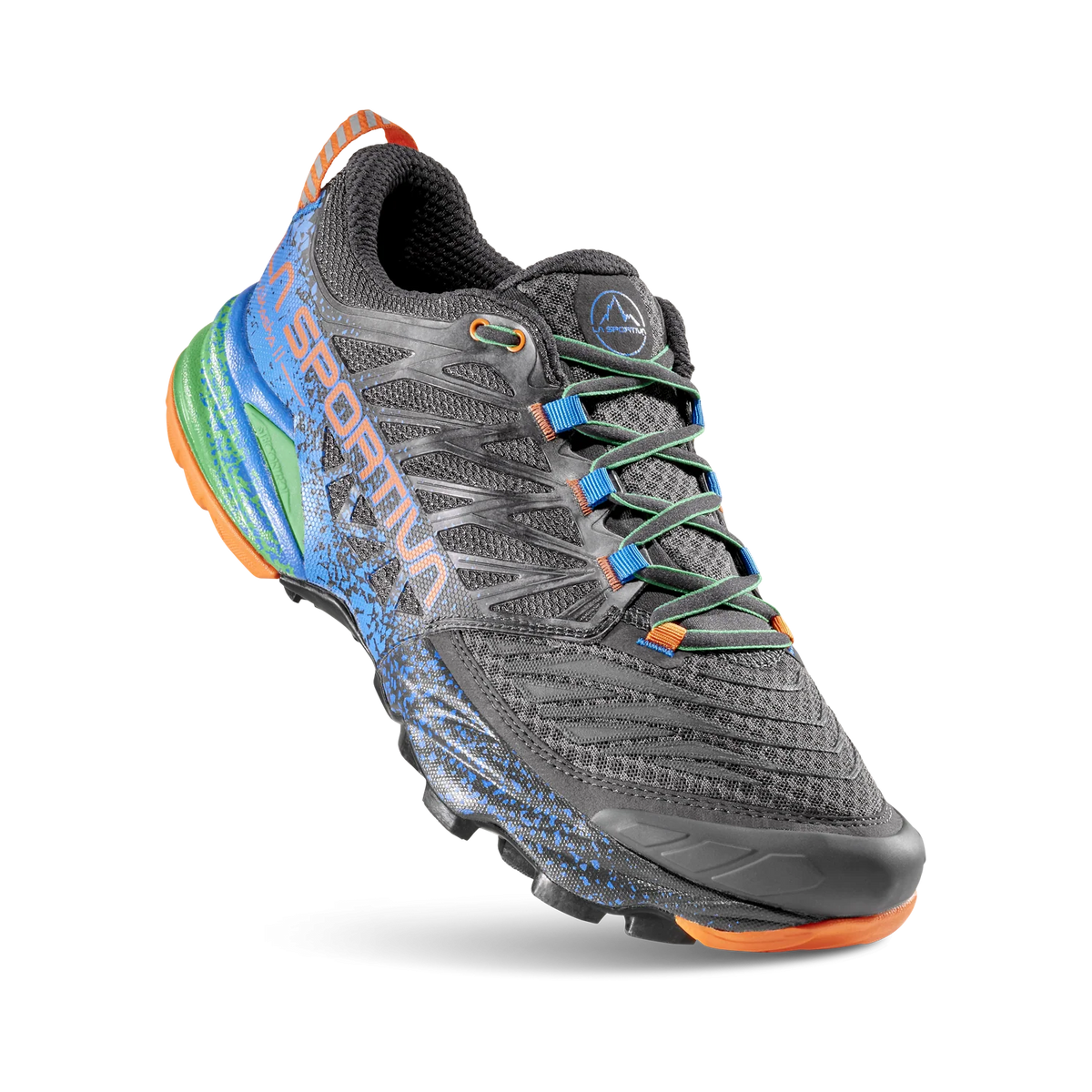 A single trail running shoe from the brand La Sportiva, shown in a dynamic three-quarter view against a clean white background. The shoe features a dark gray mesh upper with blue and orange speckled accents, a blue and green midsole, and an orange outsole.