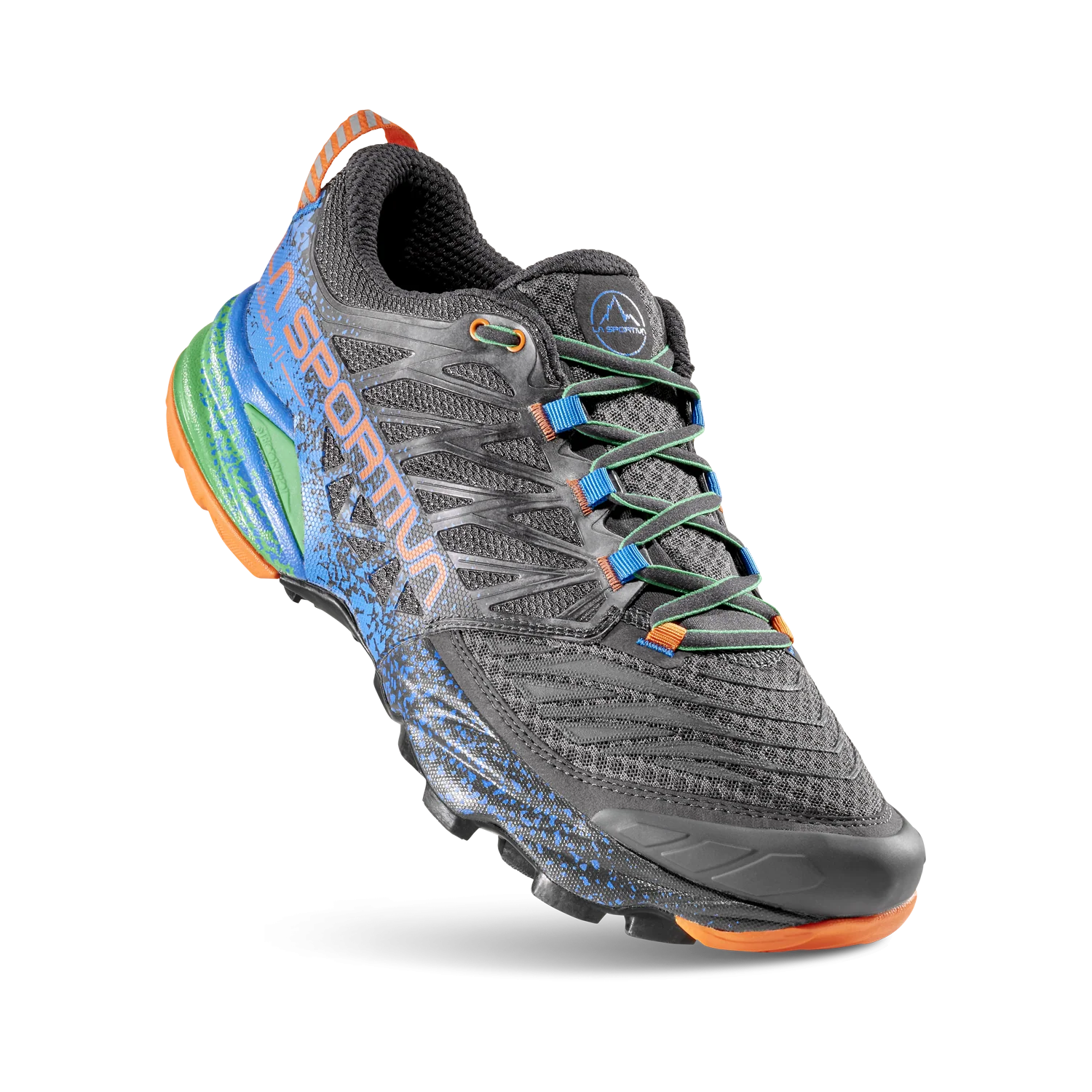 A single trail running shoe from the brand La Sportiva, shown in a dynamic three-quarter view against a clean white background. The shoe features a dark gray mesh upper with blue and orange speckled accents, a blue and green midsole, and an orange outsole.