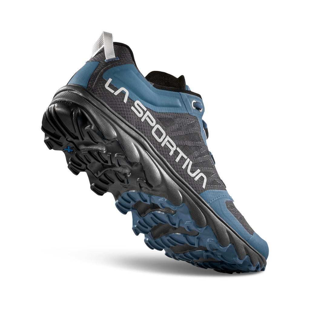 Blue and gray athletic shoe with 'Sporta' branding on a white background