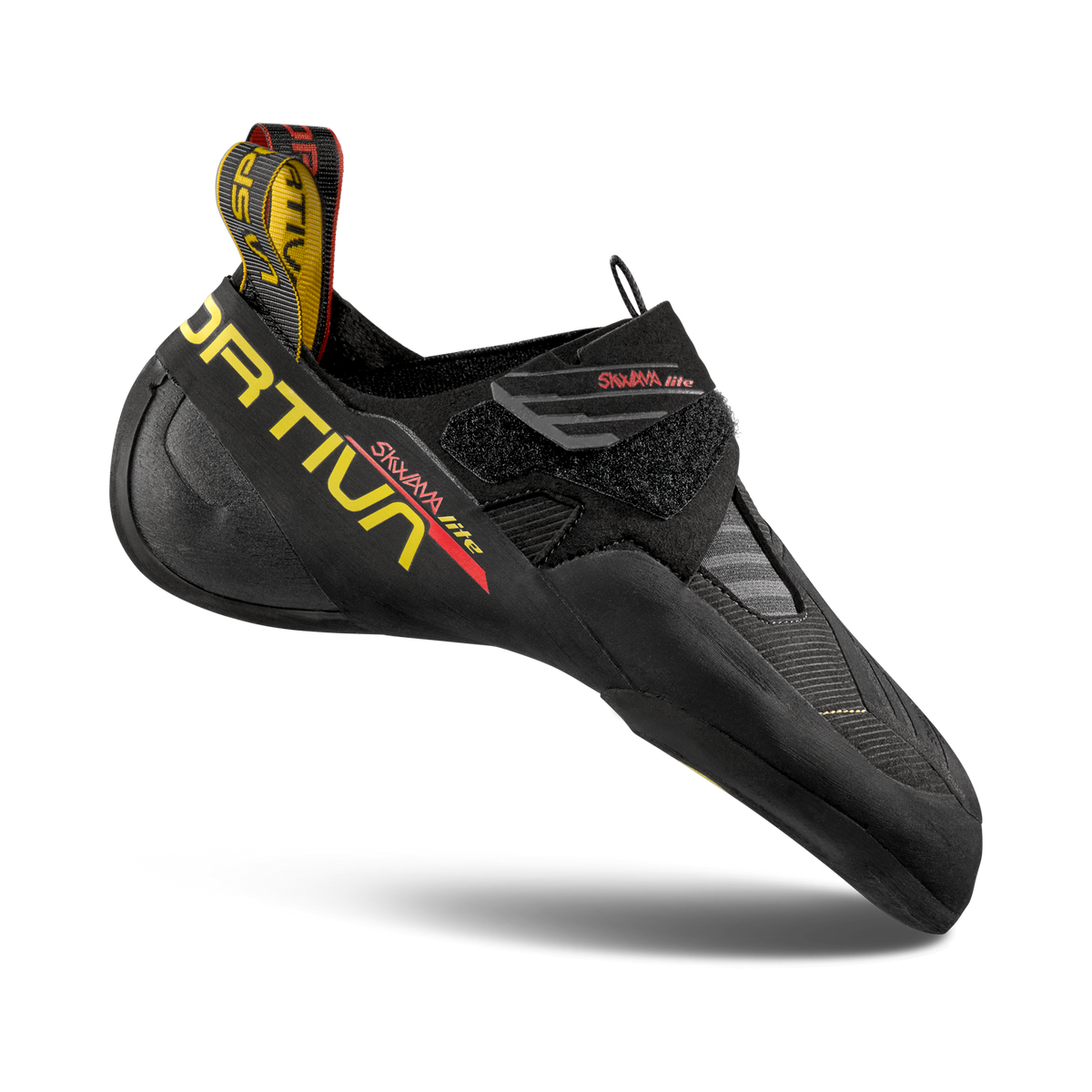 Black climbing shoe with yellow and red accents on a white background