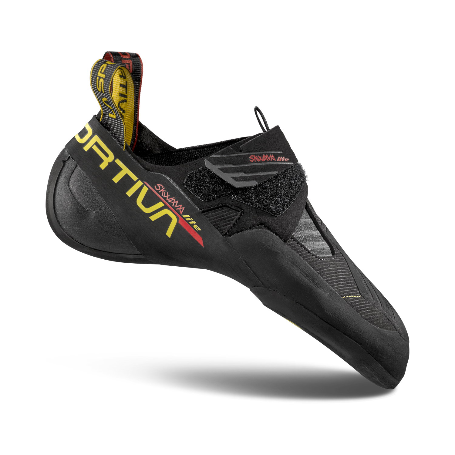 Black climbing shoe with yellow and red accents on a white background