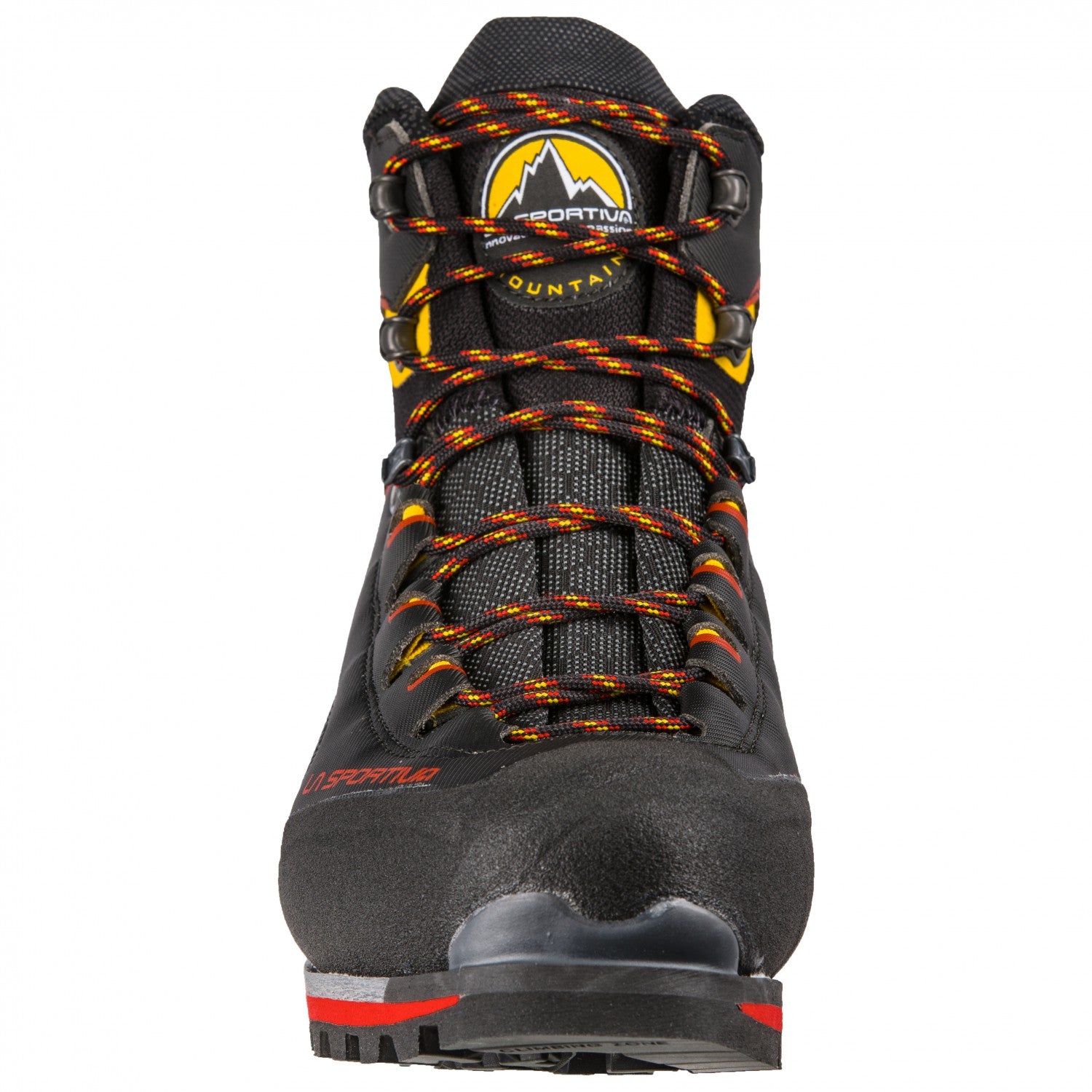 A single high-top La Sportiva mountaineering boot in black, featuring vibrant yellow and red accents on the side panels, heel, and laces, set against a plain white background.