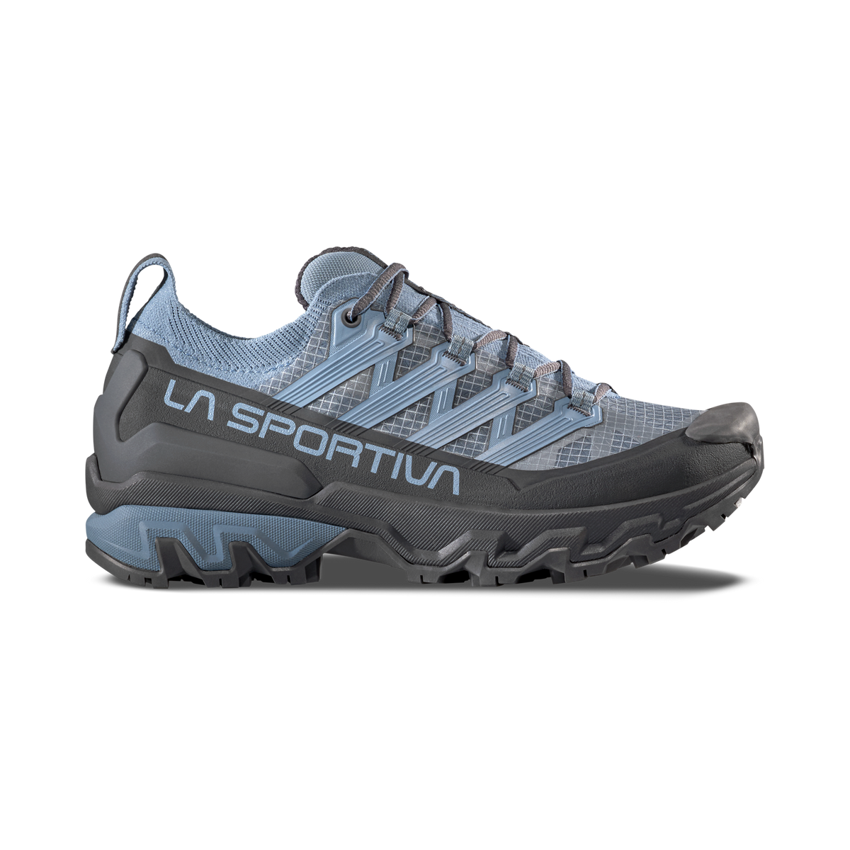 grey and blue hiking shoe on a white background