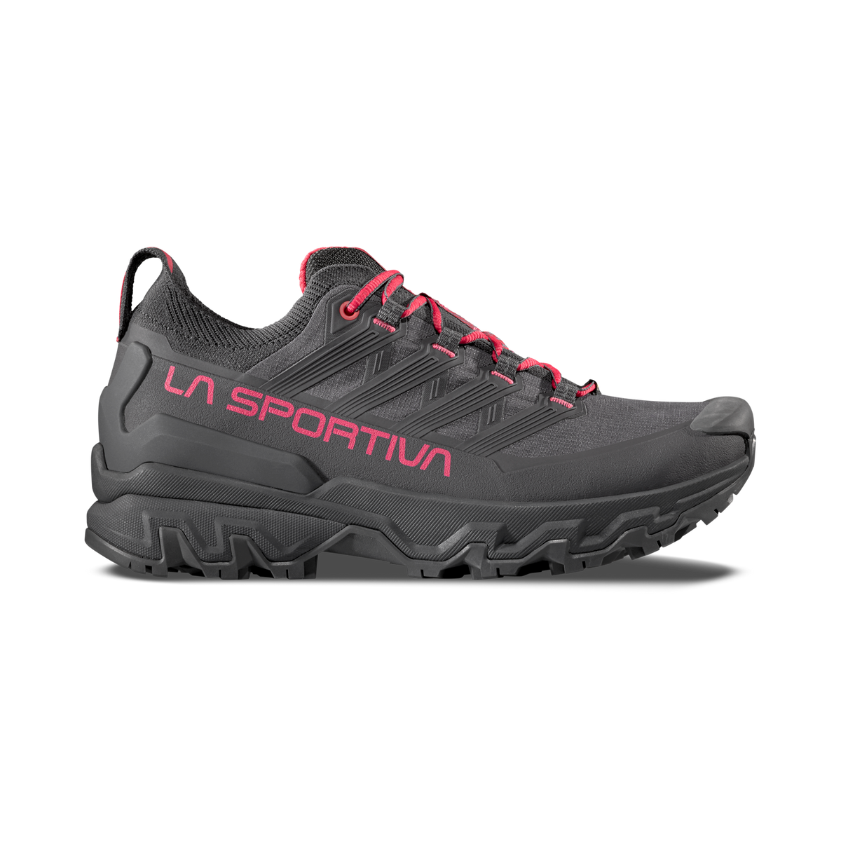 Gray hiking shoe with pink accents and 'La Sportiva' branding on a white background
