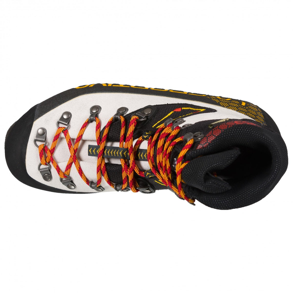 La Sportiva Nepal Cube GTX Womens mountaineering boot, overhead view with red laces