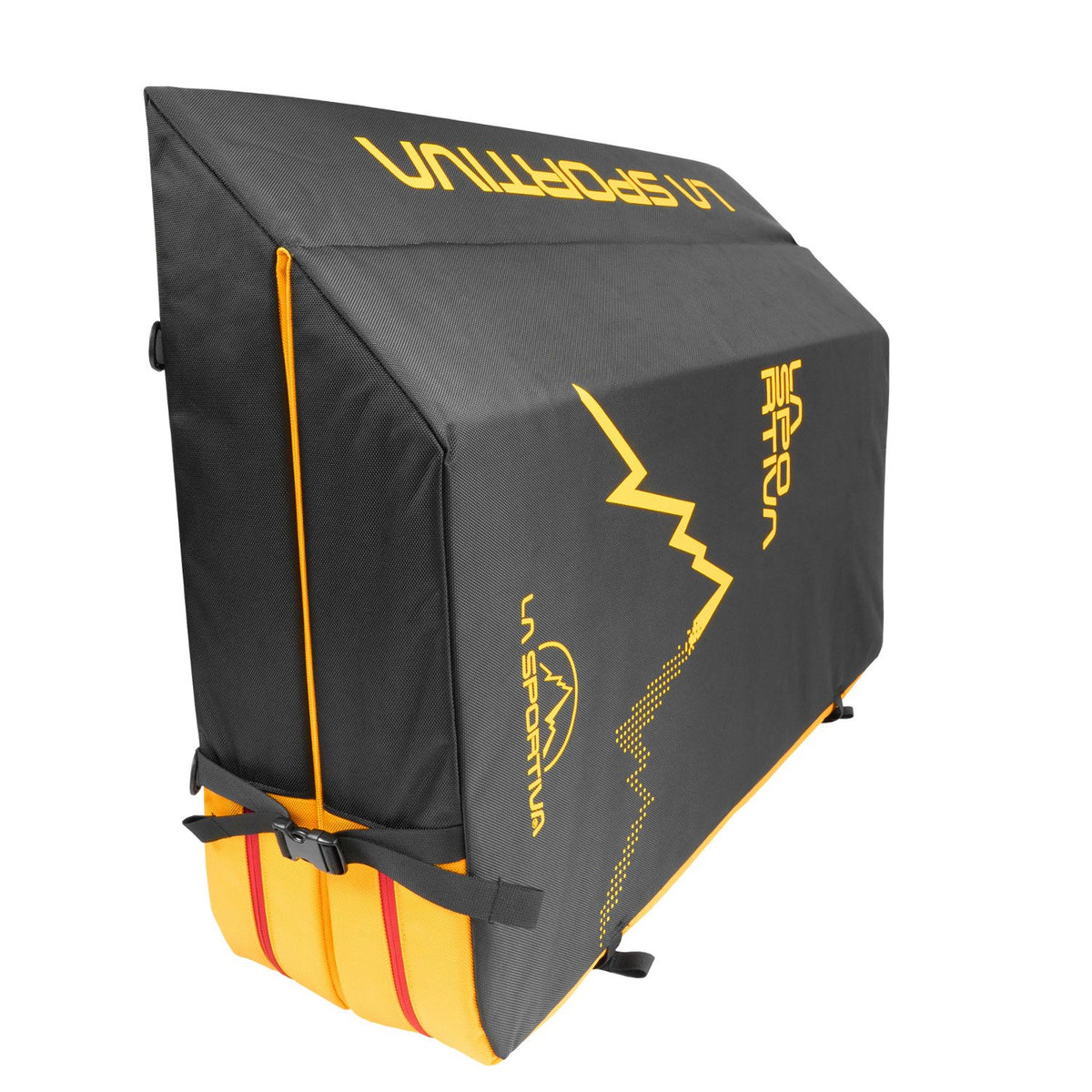 La Sportiva LaSpo Crash Pad Showing 45* degree cut rear of the pad in Black, Yellow and Red