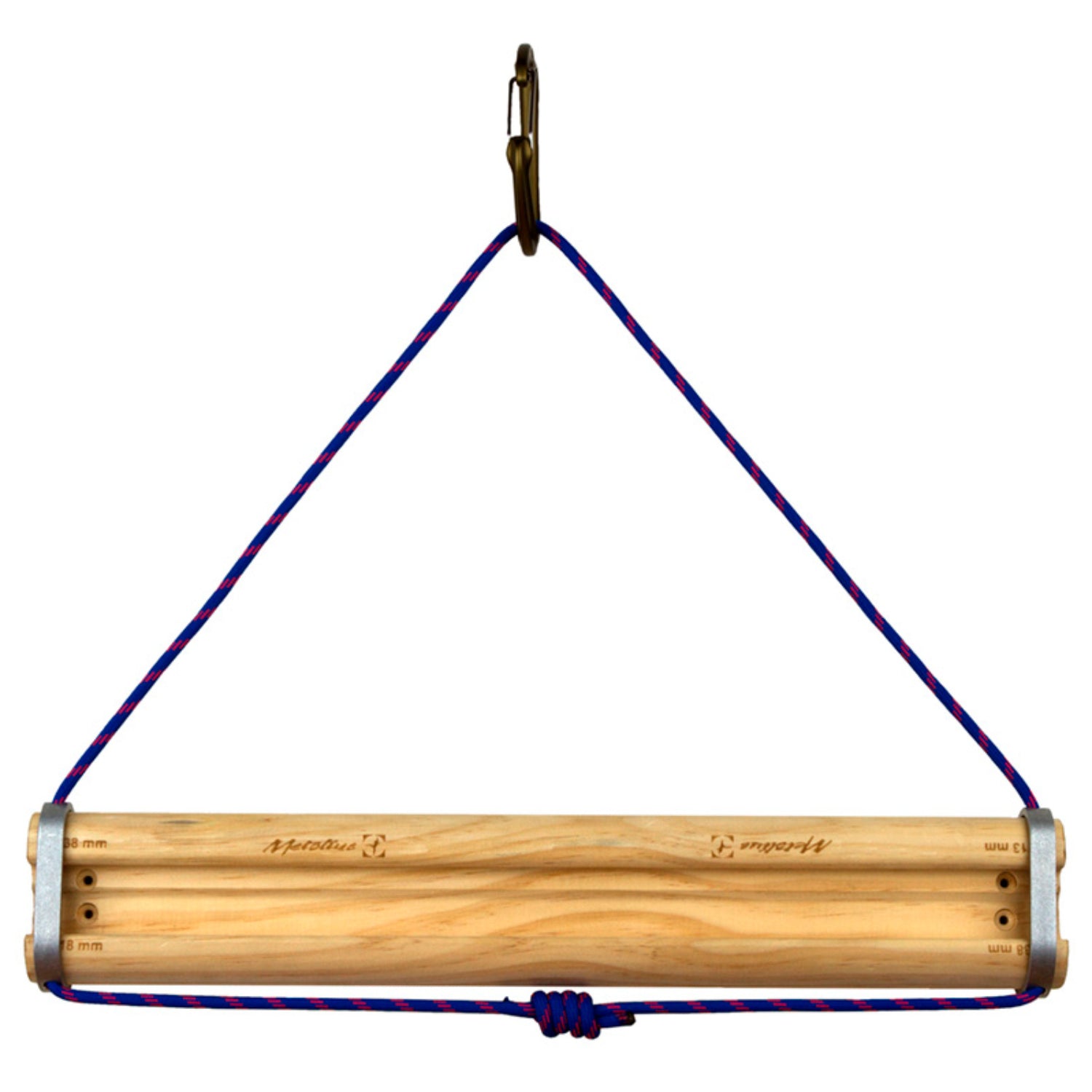 Wooden roller with blue cable on a white background