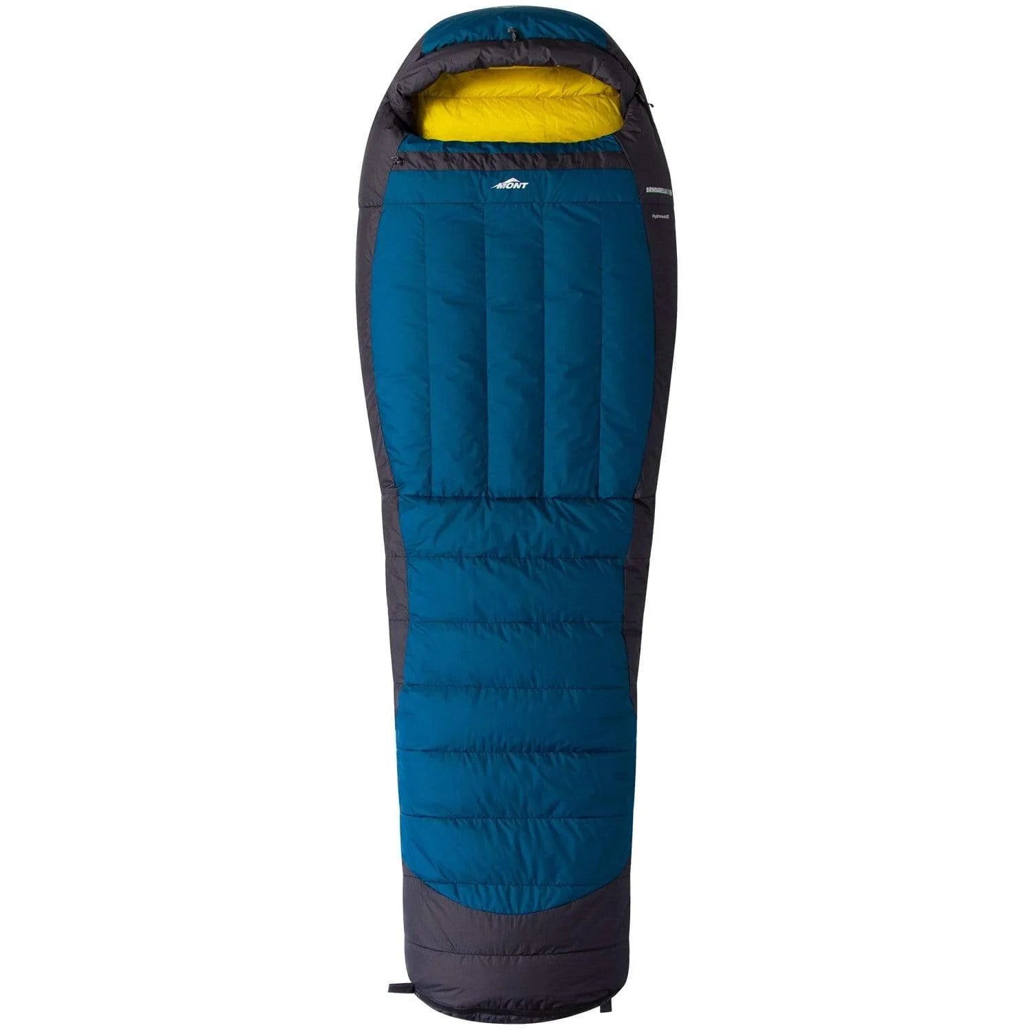 Blue and gray sleeping bag with yellow interior on a white background
