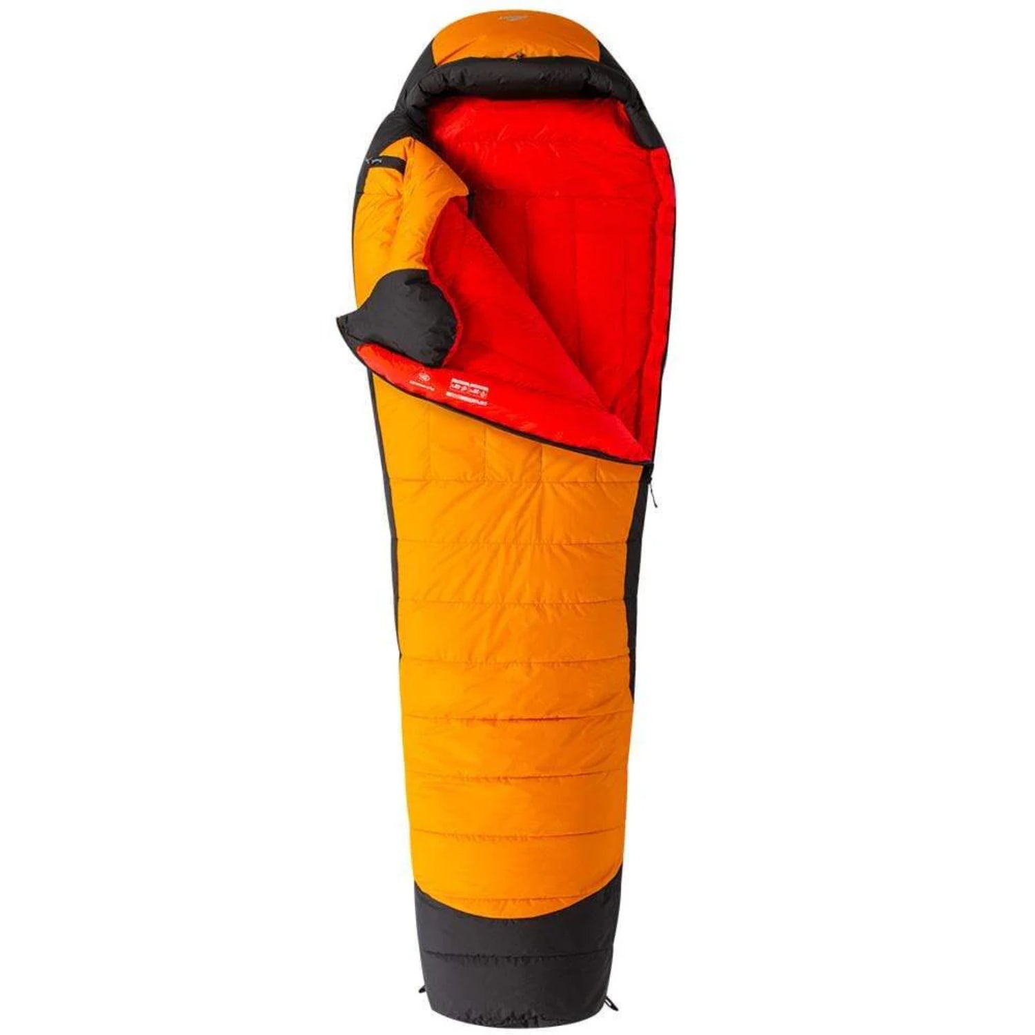 Orange and black sleeping bag on a white background