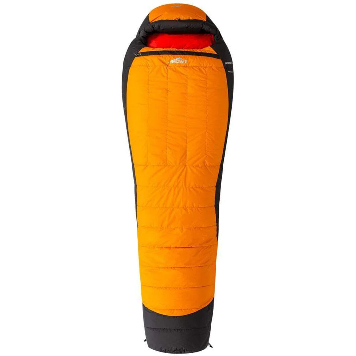 Orange and black sleeping bag on a white background