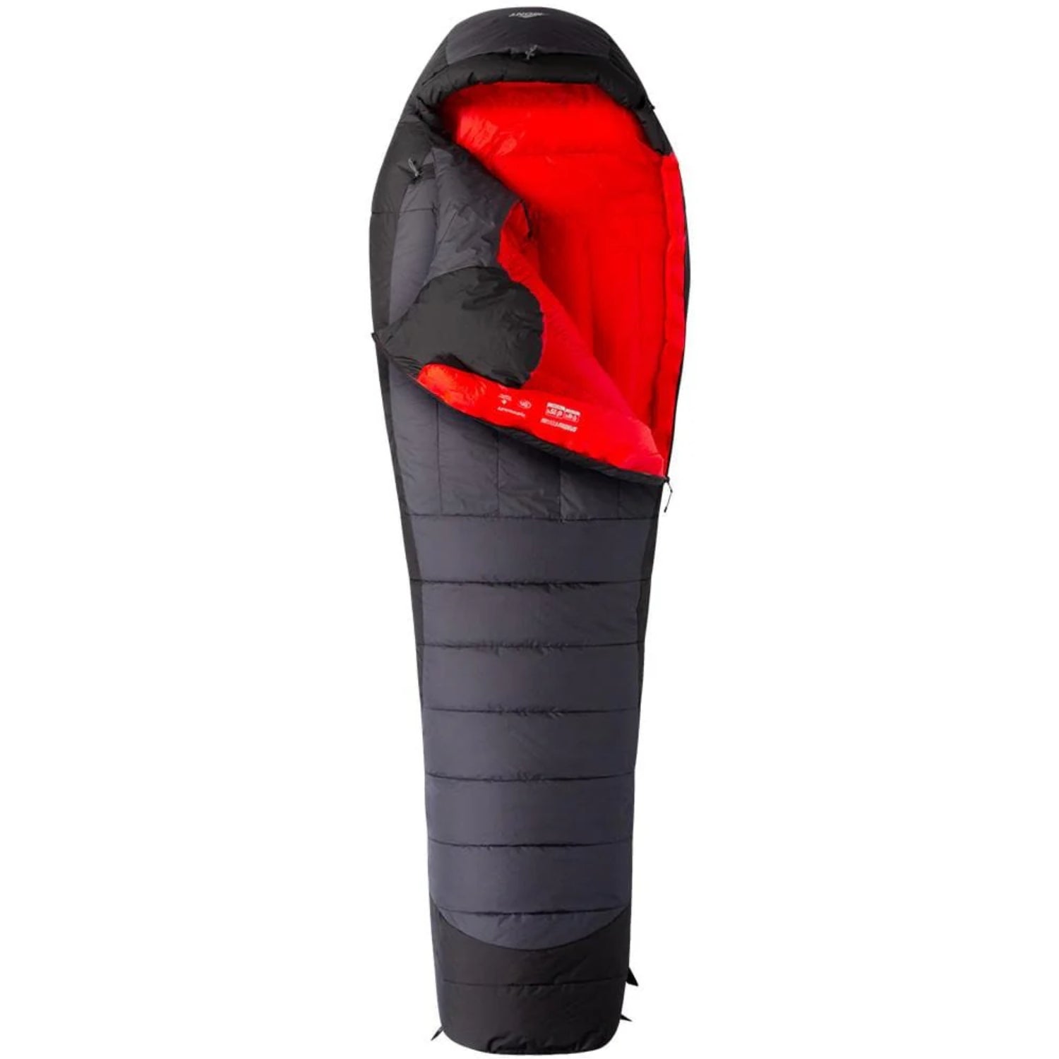 Black sleeping bag with red interior on a white background