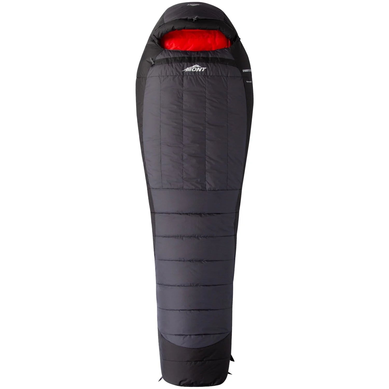 Black sleeping bag with red interior on a white background