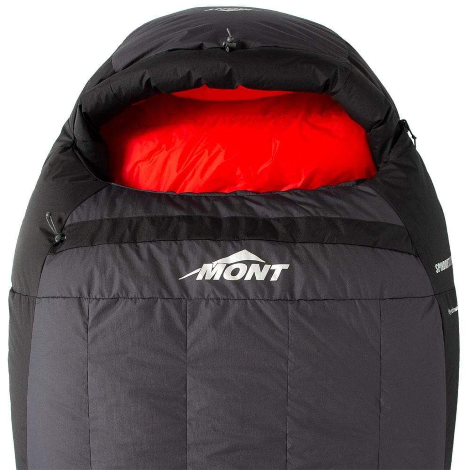 Black sleeping bag with red interior on a white background