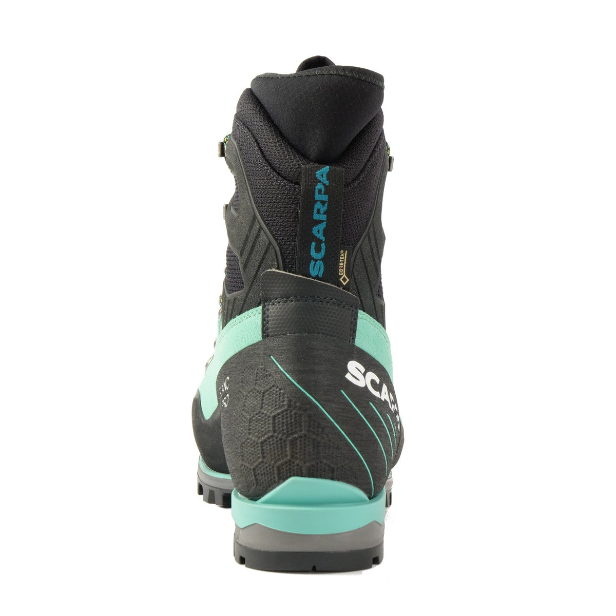 Rear view of the Scarpa Mont Blanc Pro GTX Womens with Mint Green Perwanger outer and black & grey AC sole unit and blue Scarpa logo on the pull tap