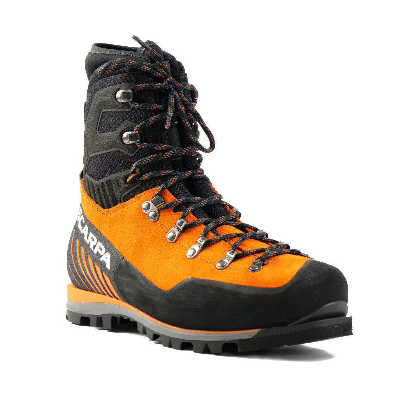 Side view of the Scarpa Mont Blanc Pro GTX with orange Perwanger outer and black rubber and flexible sock and large scarpa logo in white