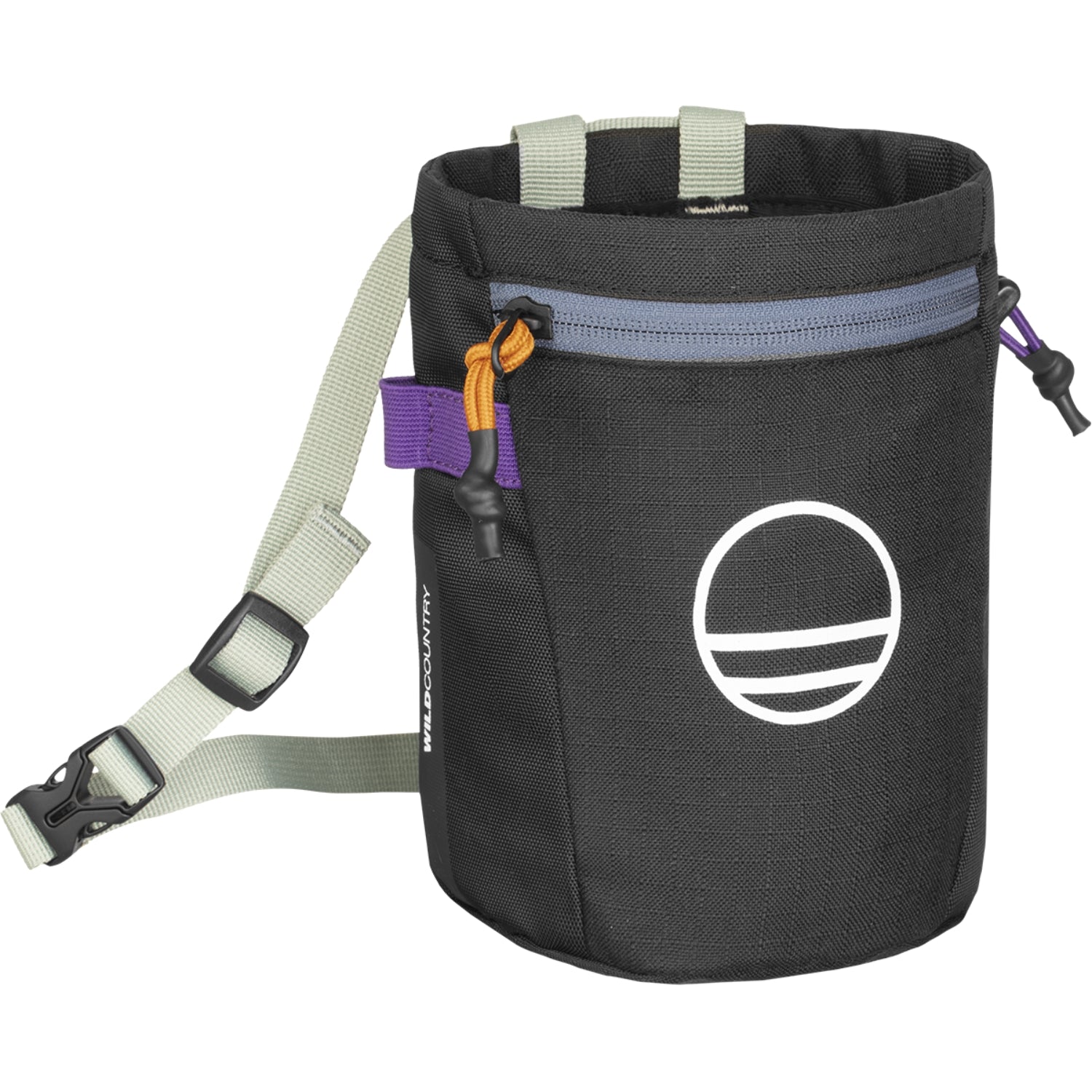 Yellow and gray chalk bag with a logo on a white background