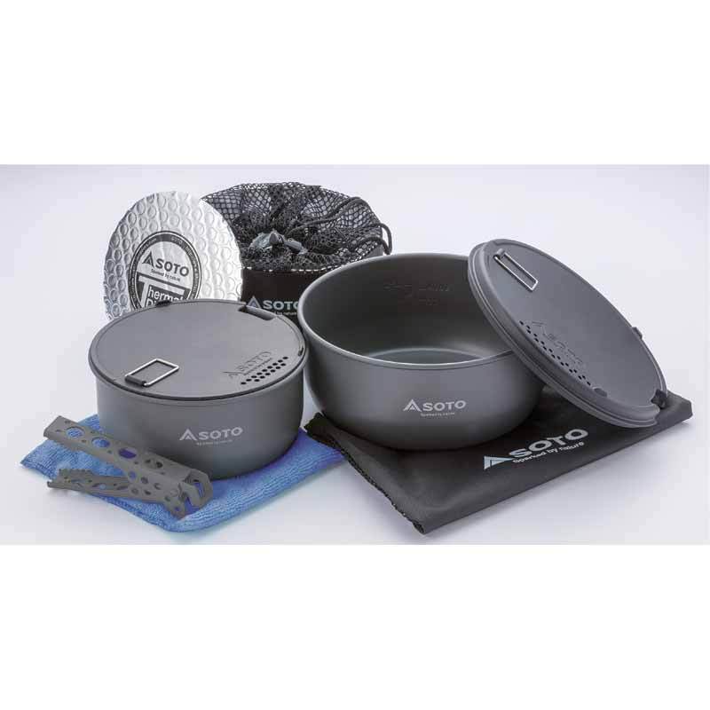 SOTO Navigator Cook Set, shown stacked up for stowing options