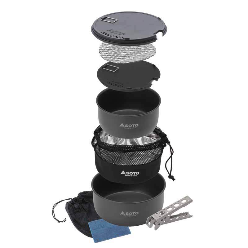 SOTO Navigator Cook Set, shown stacked up for stowing options