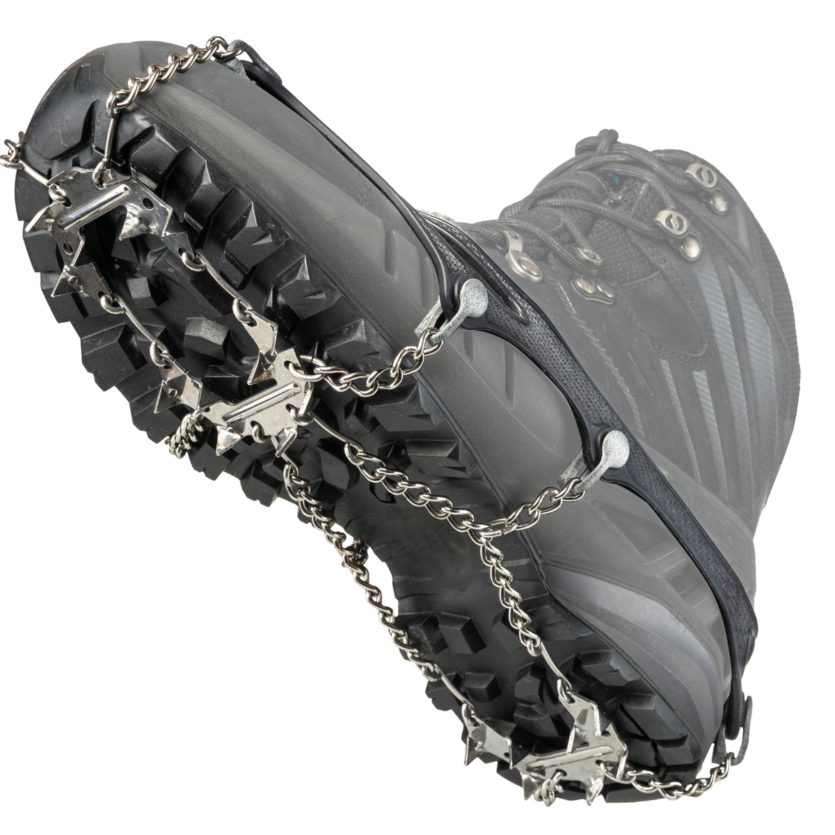 Black snow shoe with metal chains on a white background