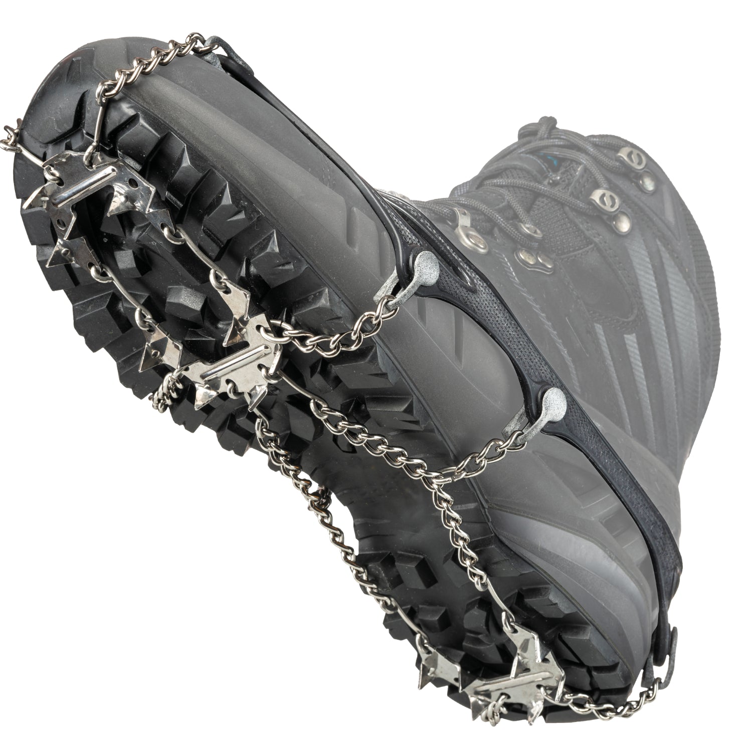 Black snow shoe with metal chains on a white background