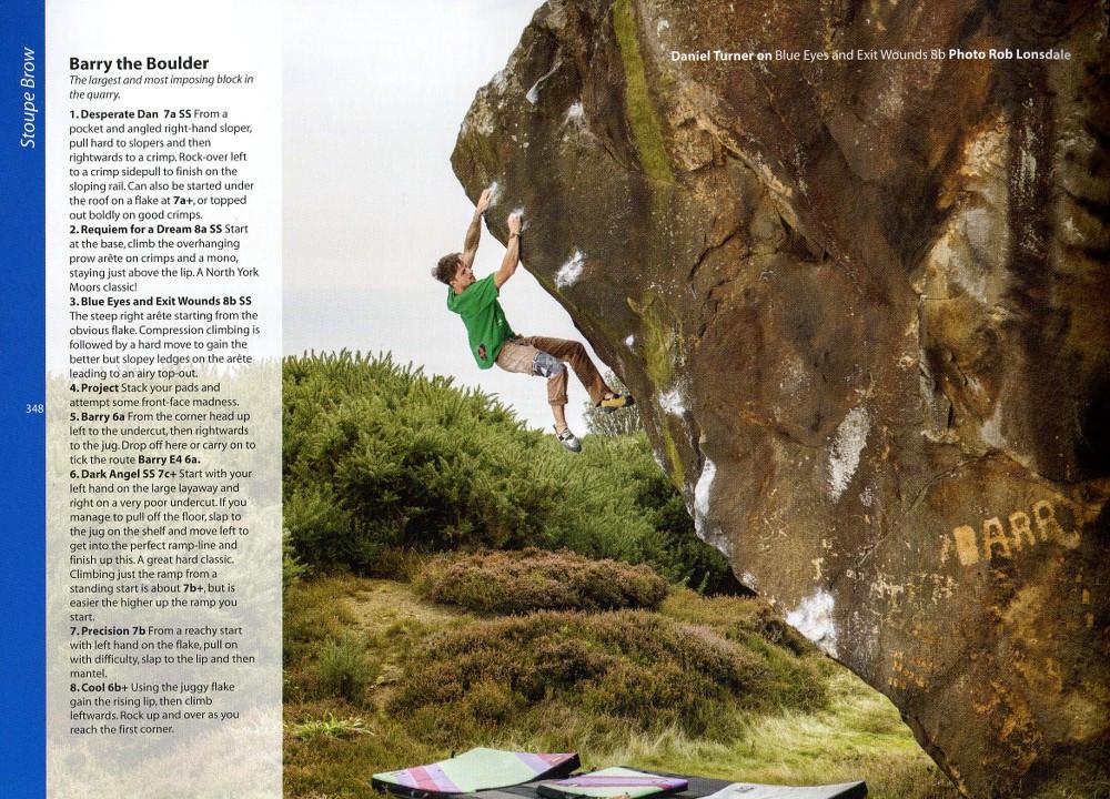 North York Moors & East Coast Bouldering guide, example pages showing photos and topos