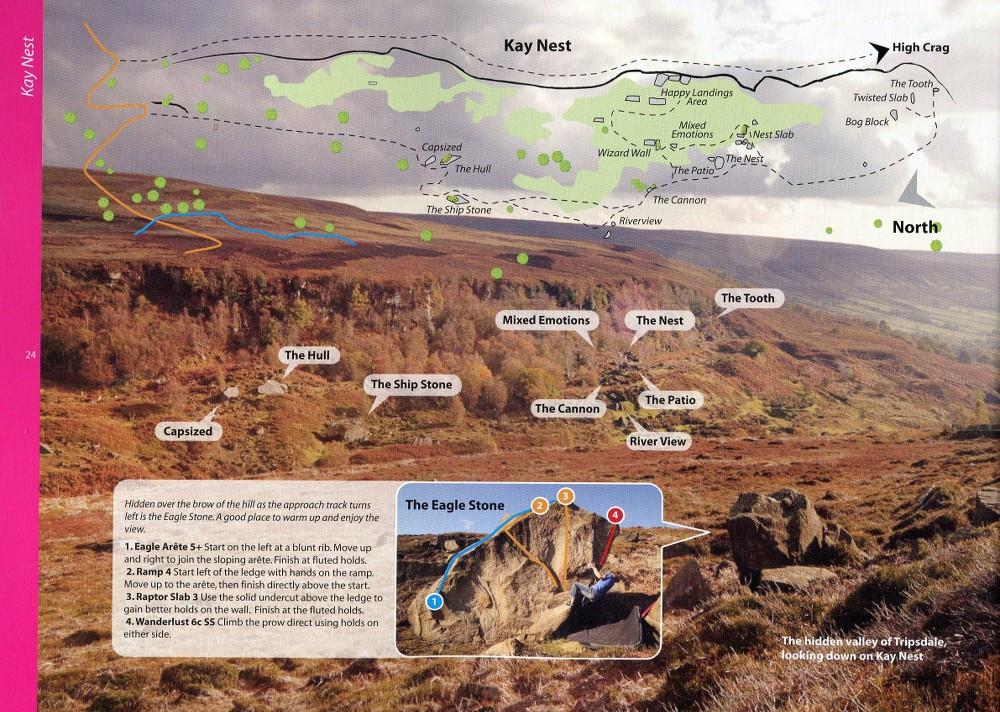 North York Moors & East Coast Bouldering guide showing example pages with photos and maps