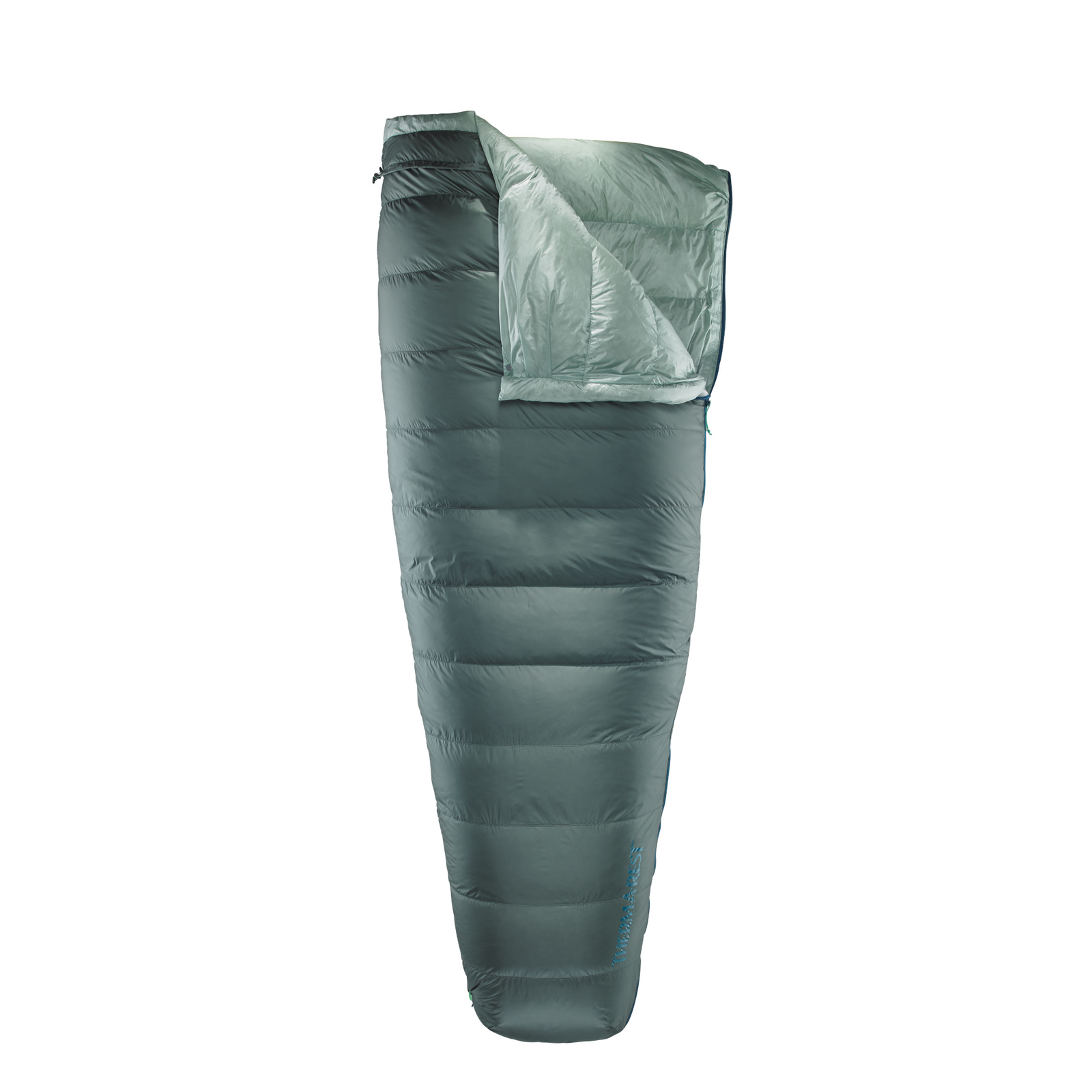 Thermarest Ohm 20F/-6C sleeping bag in Balsam colour showing open zip