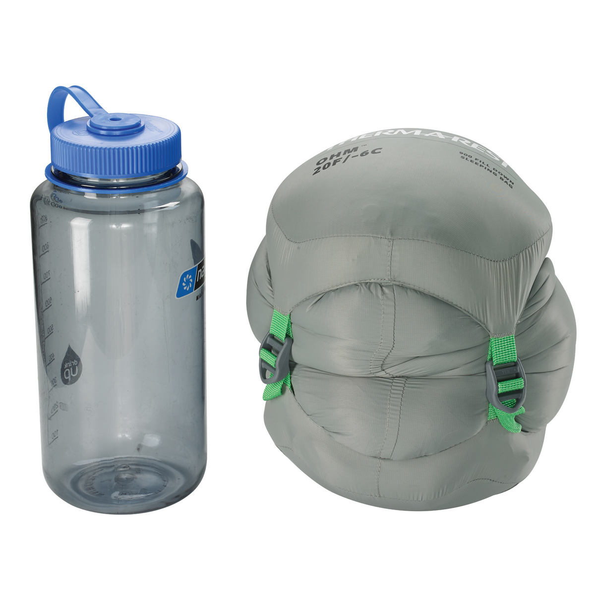 Thermarest Ohm 20F/-6C sleeping bag in Balsam colour, inside compression sack