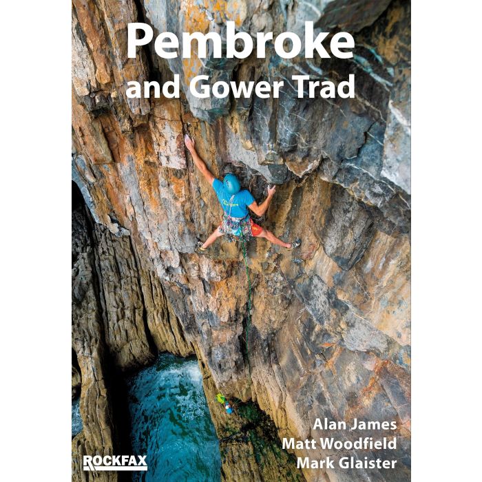 Book cover of 'Pembroke and Gower Trad' with a climber on a rocky cliff.