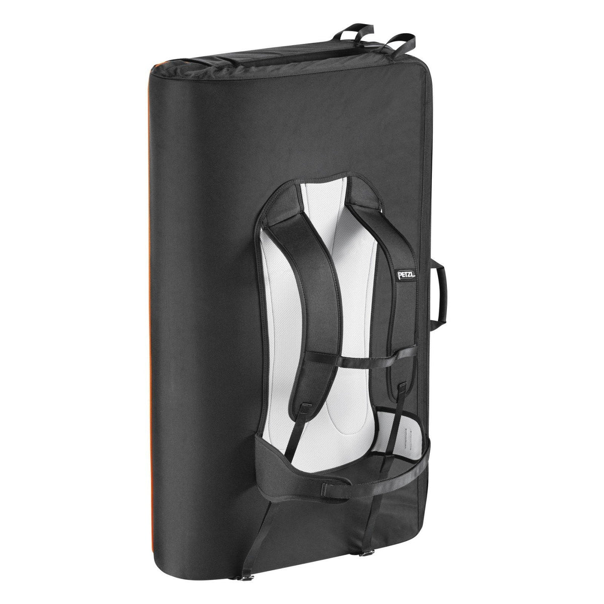 Petzl Alto bouldering crash pad, shown stood up with a view of the straps/carry harness