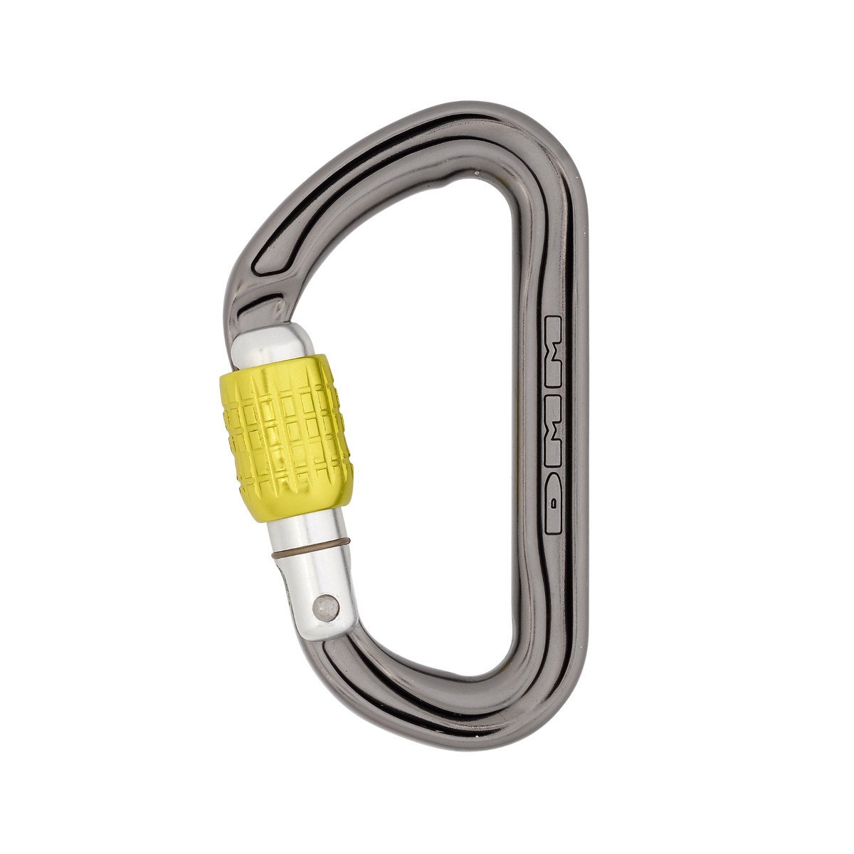 DMM Phantom Screwgate Carabiner, in gun metal grey and yellow screwlock