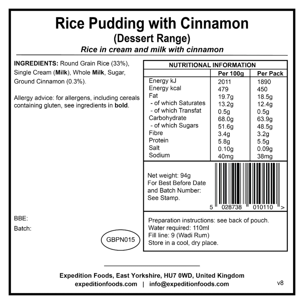 Expedition Foods Rice Pudding With Cinnamon (450kcal)