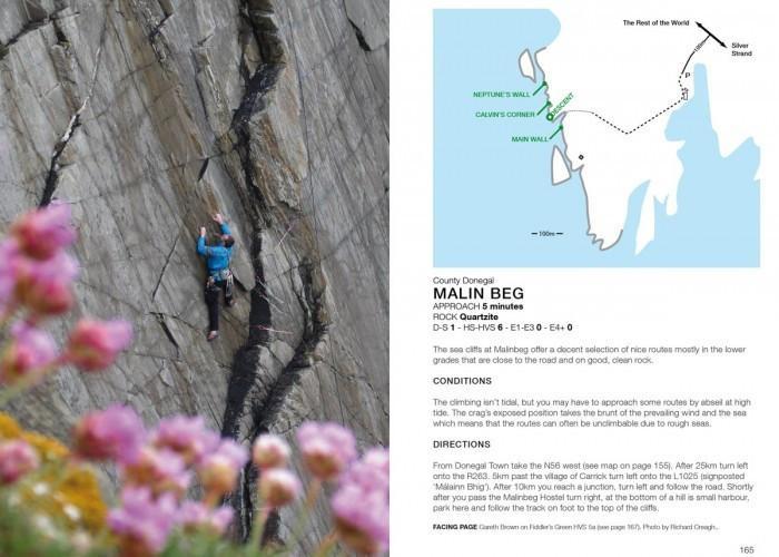 Rock Climbing in Ireland guide, example inside pages showing photos and maps