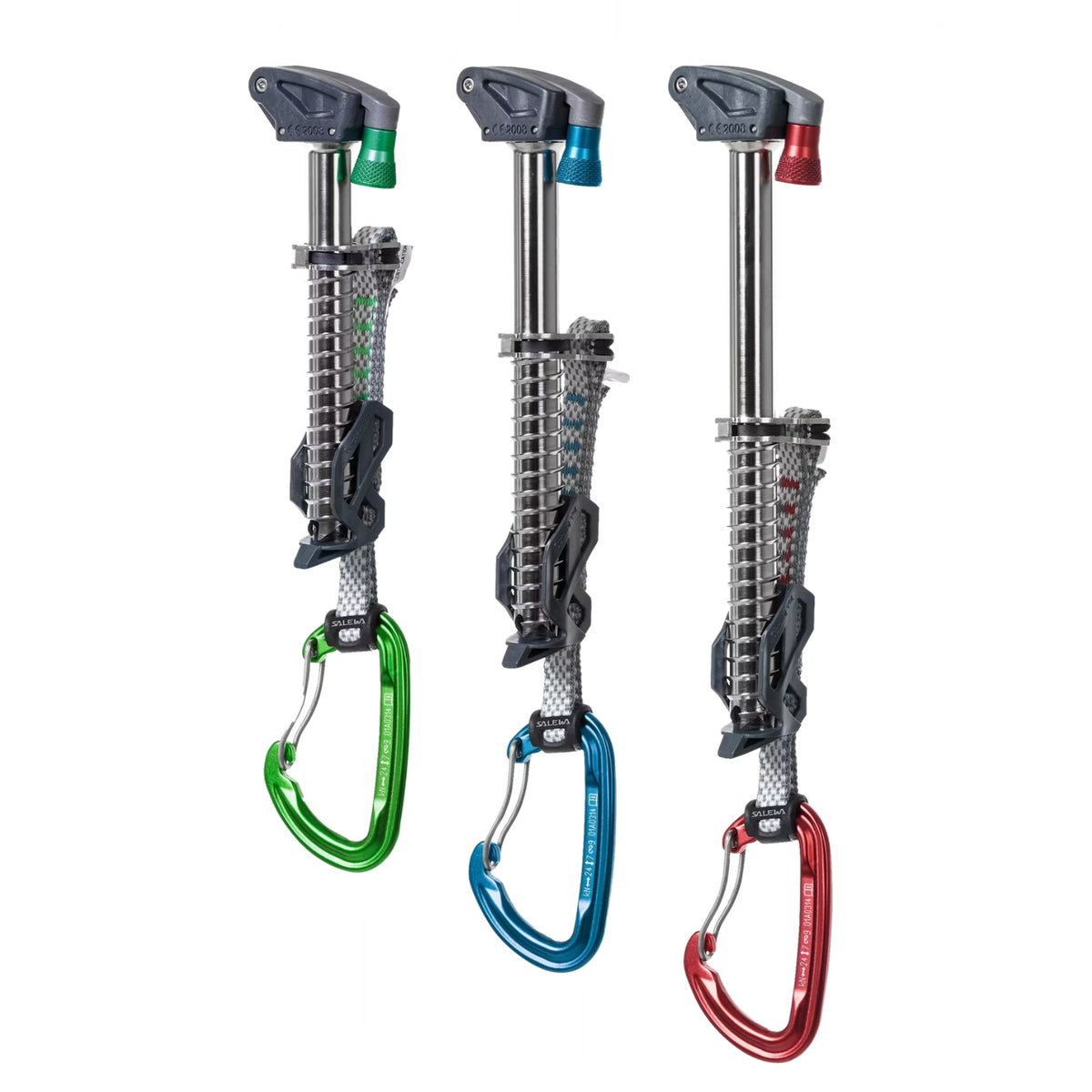 Salewa Quick Ice Screws in blue red green on a white background