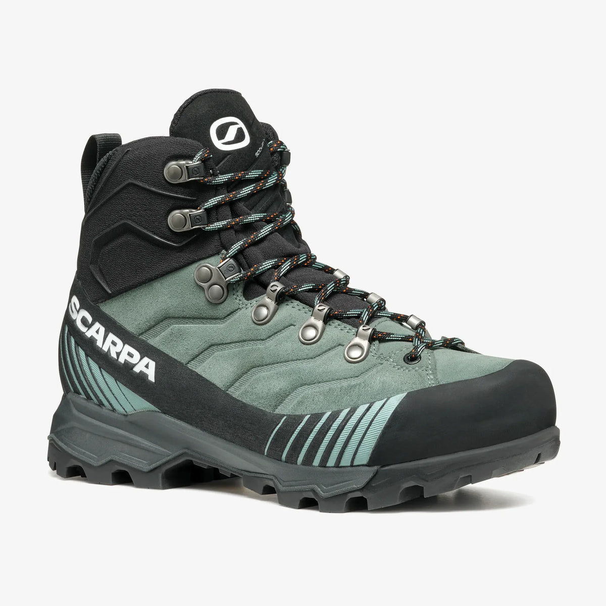 Green and black hiking boot with 'Scarpa' branding on a white background