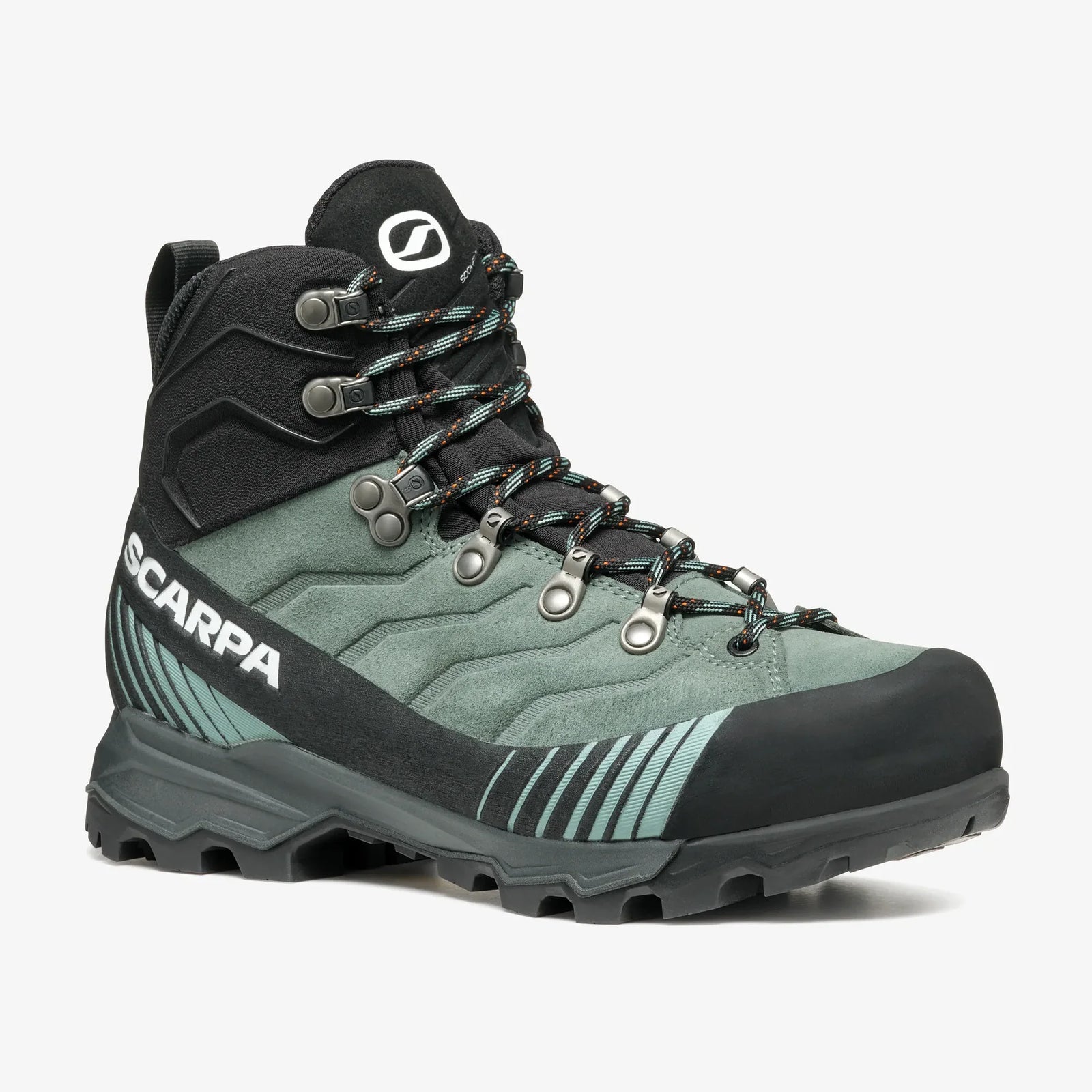 Green and black hiking boot with 'Scarpa' branding on a white background