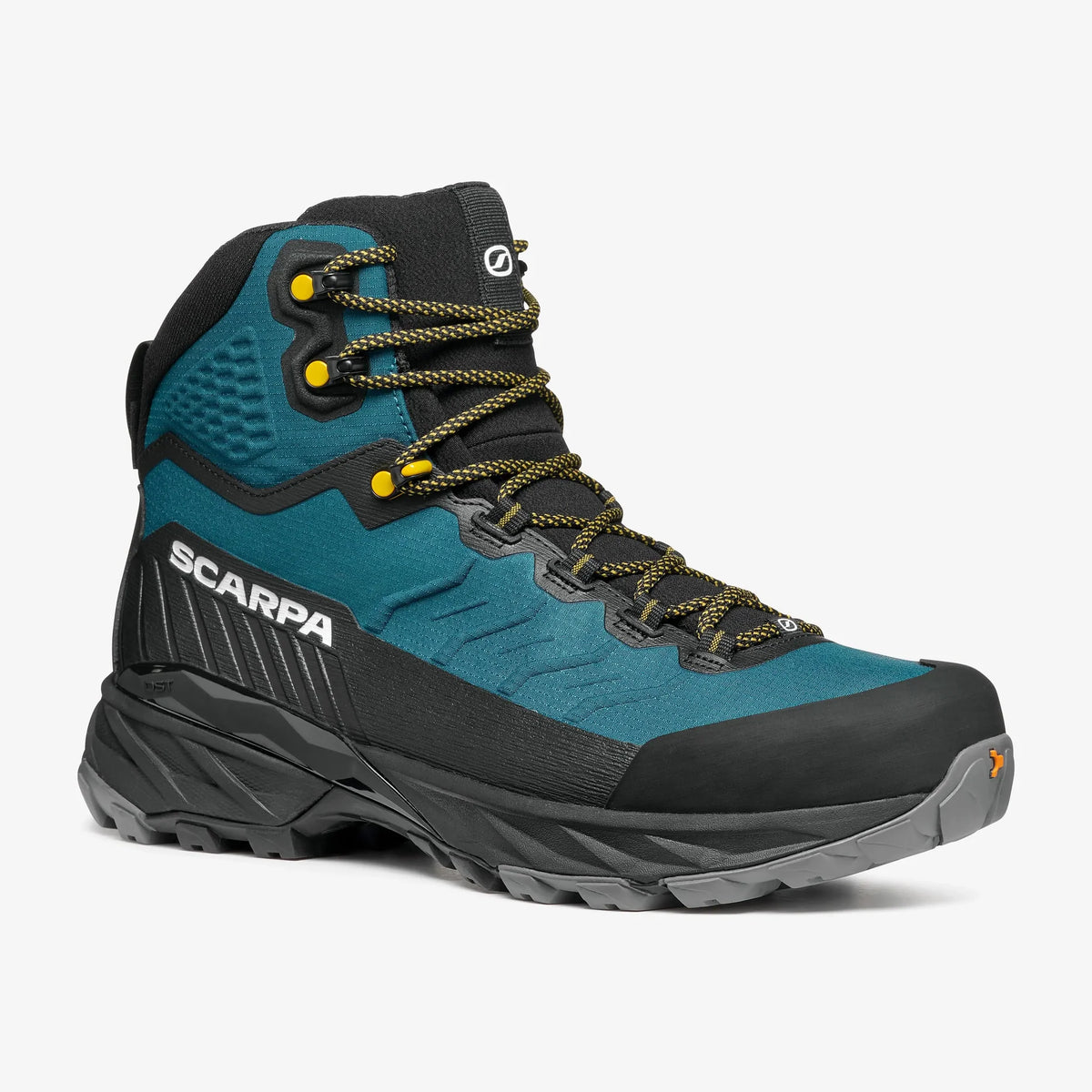 blue and black scarpa hiking boot on a white background