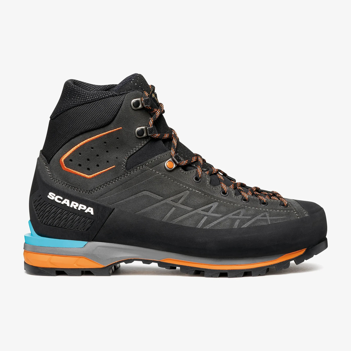 A high-top Scarpa hiking boot in black with orange and light blue accents, shown from the side against a light gray background.