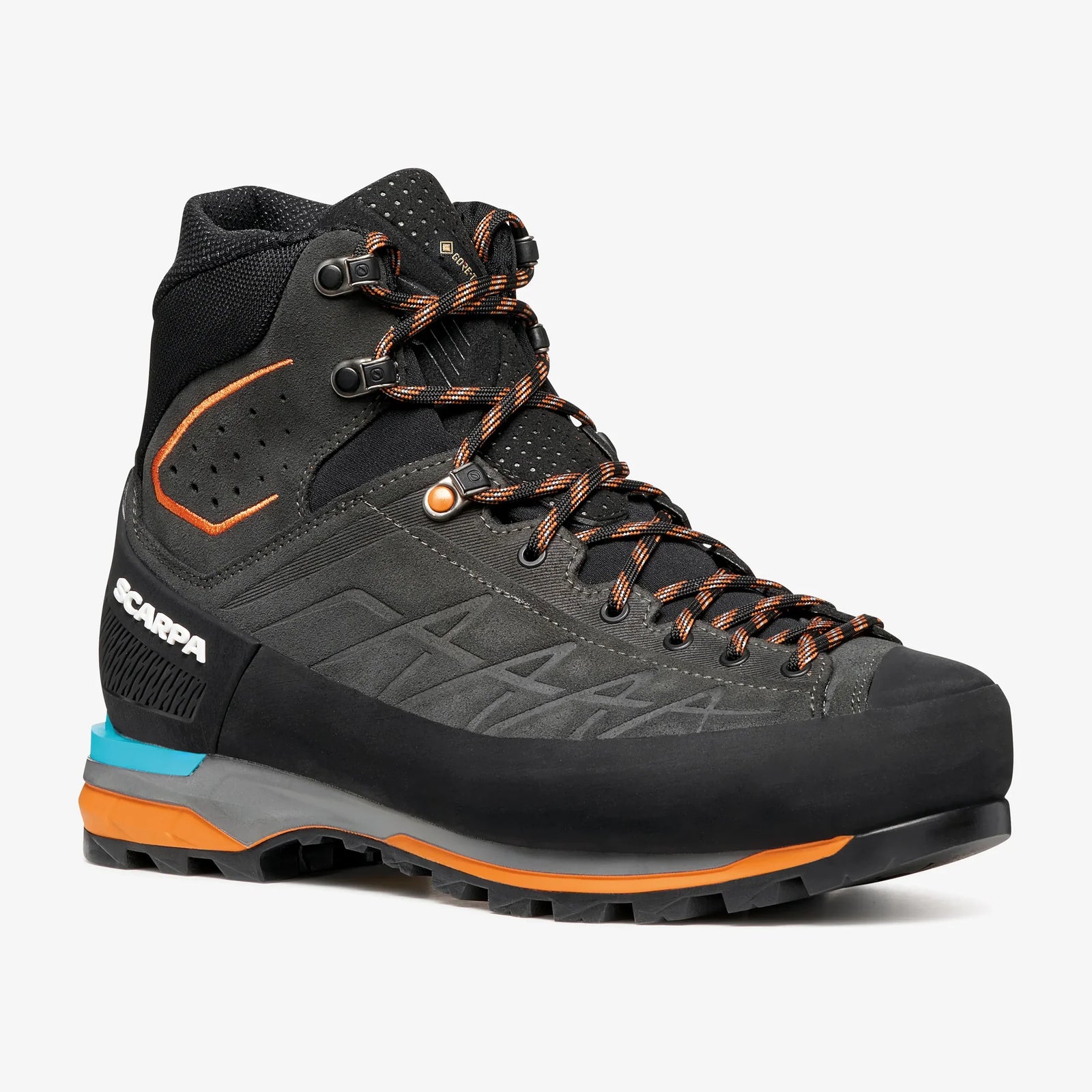 A high-top Scarpa hiking boot in black with orange and light blue accents, shown from the side against a light gray background.