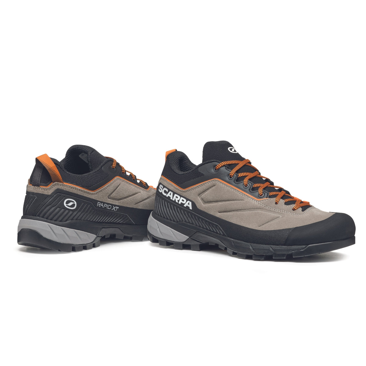 Scarpa Rapid XT approach shoes in Taupe-Rust Orange colour showing side profile.