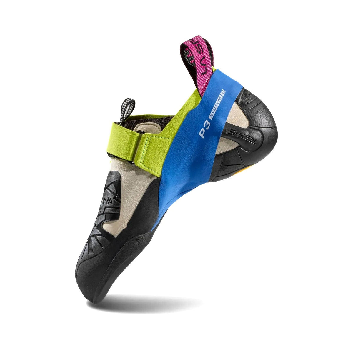 Climbing shoe with colorful straps on a white background