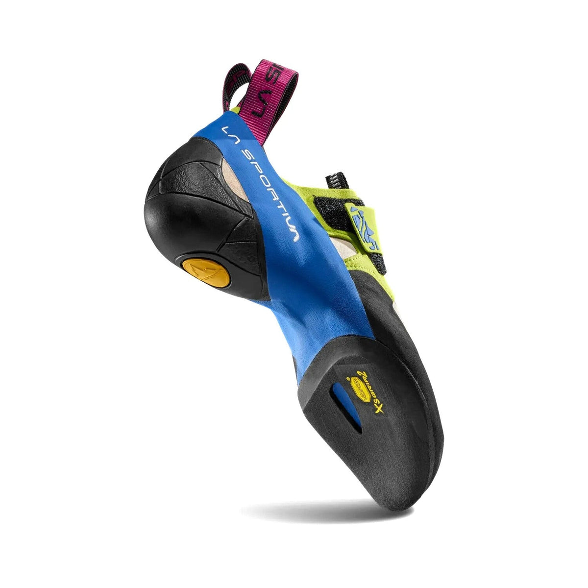 Climbing shoe with blue and black design on a white background