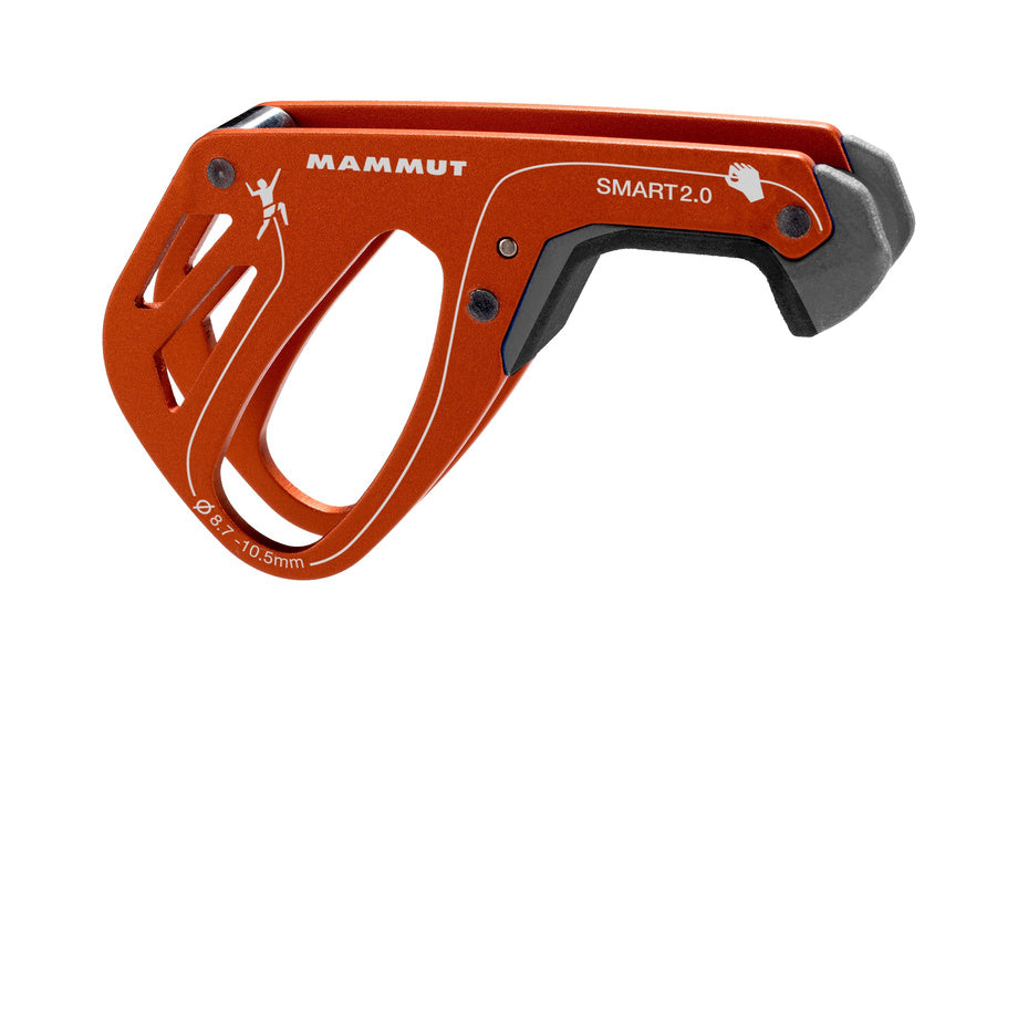 Mammut Smart 2.0 Belay Device, shown side on in orange colour